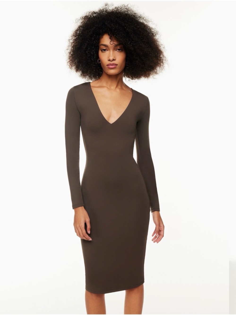 NWT Aritzia Babaton Contour V-Neck Longsleeve Dress  In Brown - Medium